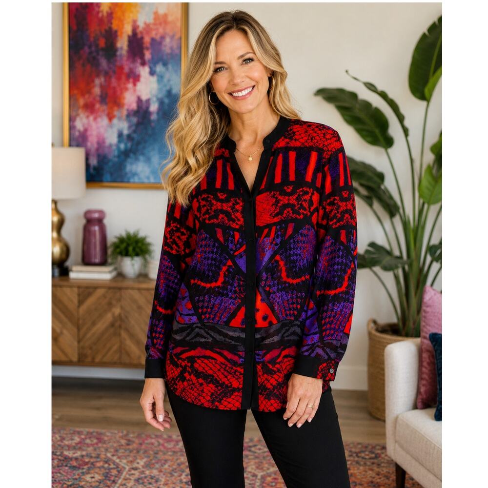 Tribal Size 14 Red Purple Black Abstract Print Long Sleeve Blouse
